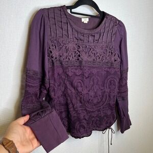 Tiny by‎ Anthropologie Voilet Purple Lace Applique Long Sleeve Top Womens Size M